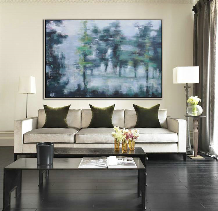 Large Abstract Art,Horizontal Abstract Landscape Oil Painting On Canvas,Unique Canvas Art,Grey,Dark Green,White.etc